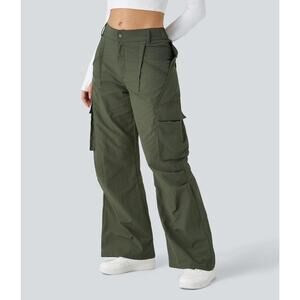 Halara Cargo Pants Womens X-Large Tall Army Green Nylon Wide Leg Pockets Relaxed